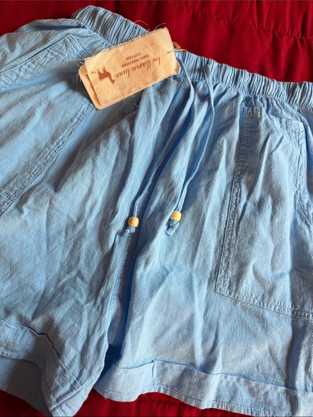 La Llama Luxe 100% Peruvian Cotton Light Blue Cargo Shorts with Drawstring